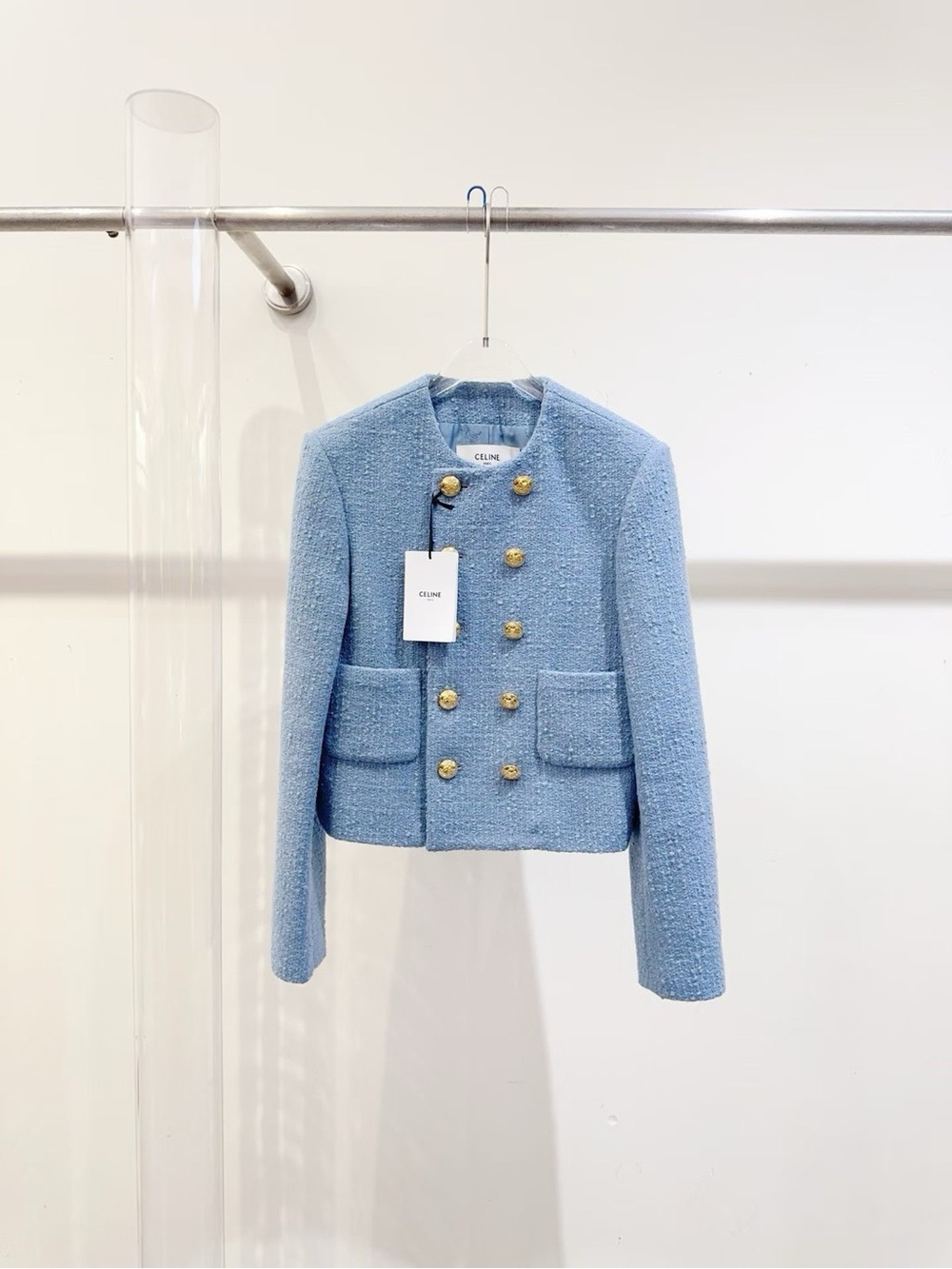 🚩steal CELINE Light Blue Bouclé Double-Breasted Cropped Blazer